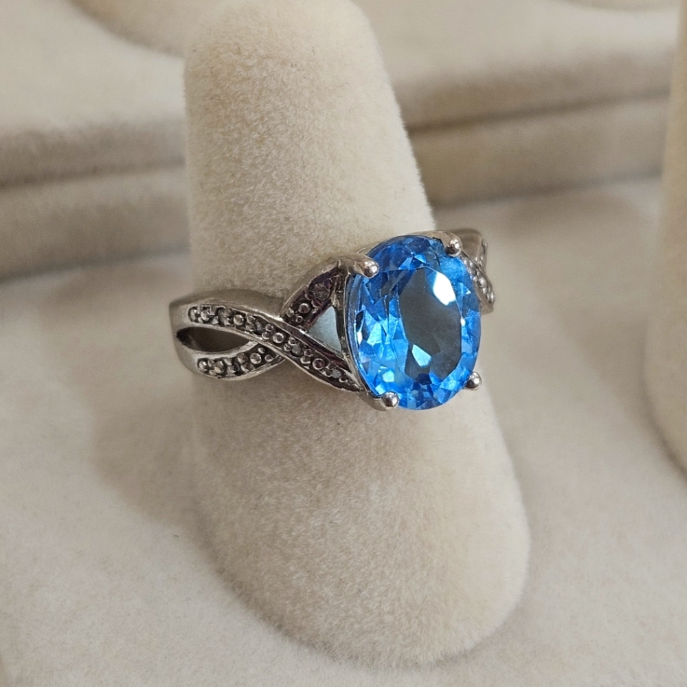 Sterling Silver Blue Topaz Diamond Accent Ring Size 6.5 US 925 BGE